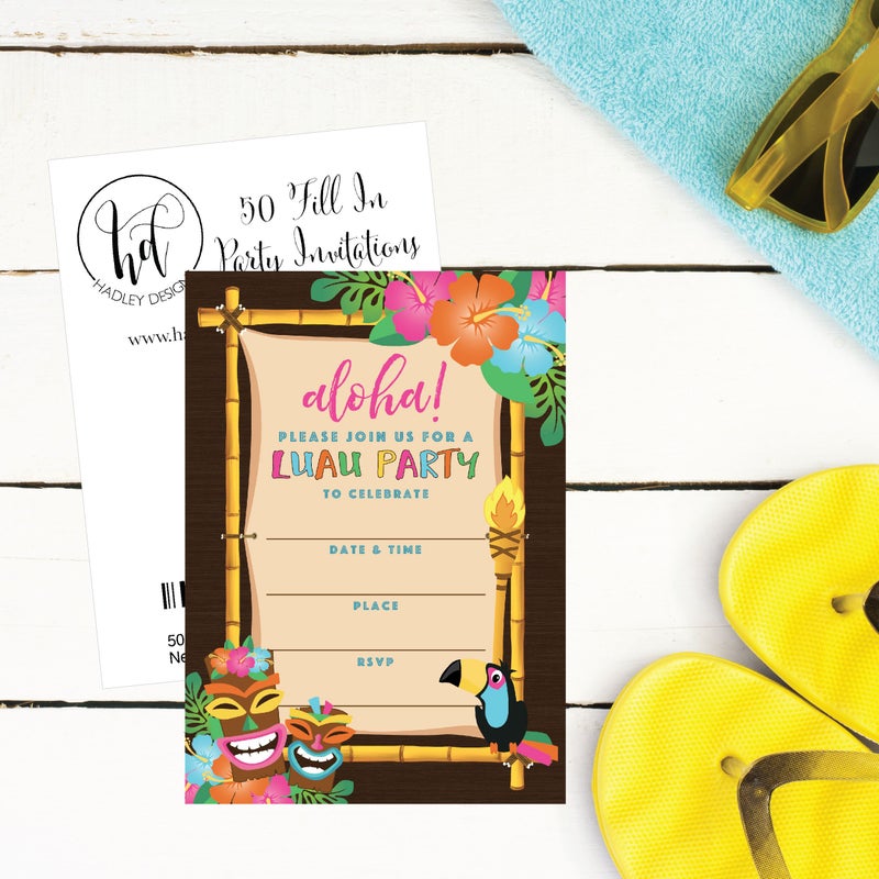 Hadley Designs 50 Aloha Luau Party Invitations, Tropical Hawaiian Birthday Invitations for Kids & Adults, Perfect for Birthday, Pool, and Summer Beach Parties - Image 2